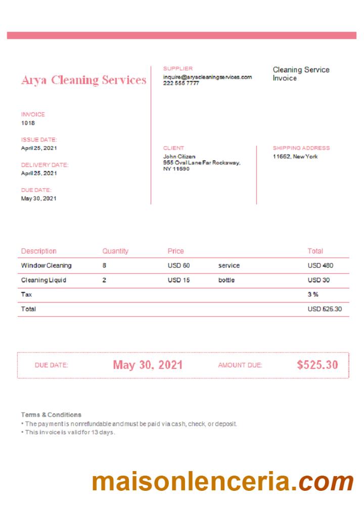 US Arya Cleaning Services tekst faktury i szablon PDF